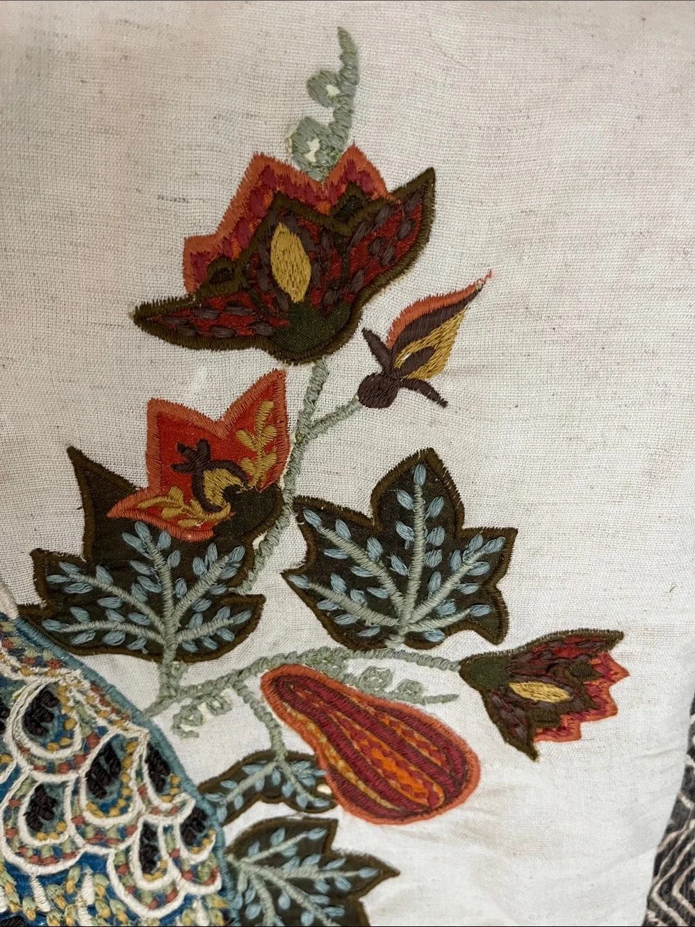 Pottery Barn owl with berries embroidered appliqué, pillow cover, cotton linen